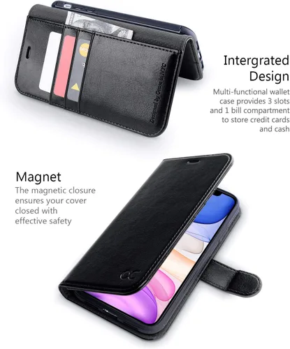 Miniatura 3 de OCASE Funda tipo cartera compatible con iPhone 11 con tarjetero y soporte para tarjetas, funda de piel sintética con función atril y cierre Negro
