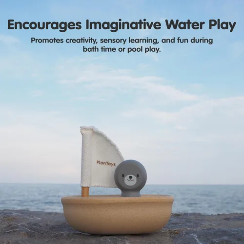 Miniatura 5 de PlanToys® Juguete de barco de vela de madera con sello Juguete de agua para el baño para juego flotante, imaginación y exploración sensorial suave