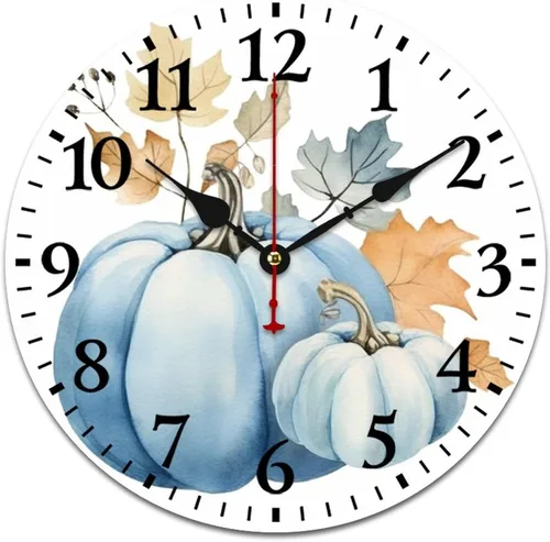 Miniatura 15 de Reloj de pintura de tinta acuarela amarillo verde calabazas hojas redondo creativo reloj decorativo sin tictac Acción de Gracias o Halloween reloj