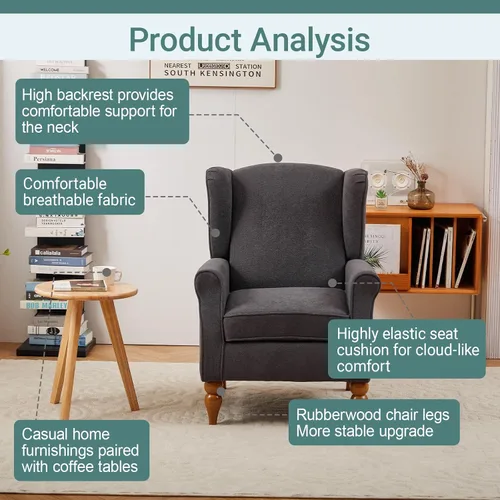 Miniatura 6 de Mid-Century - Silla de ala alta, moderna silla decorativa de tela con mesa auxiliar de madera maciza, sofá individual de ocio para sala de estar