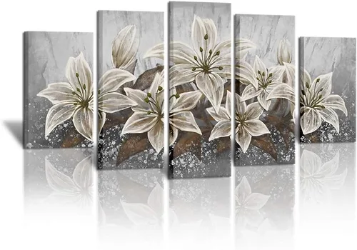SkenoArt 5 paneles de flores de lirio, arte de pared de lirio gris, marrón, blanco, decoración de pared, arte de pared de lirio floreciente