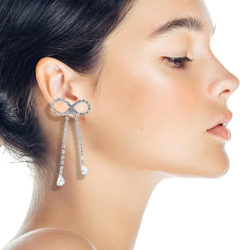 Miniatura 7 de Pendientes de diamantes de imitación hipoalergénicos para mujer, aretes colgantes de lazo de cristal de moda