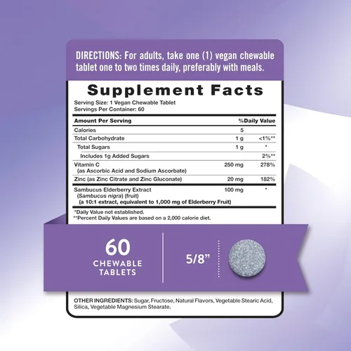 Miniatura 2 de Nature's Truth Complejo inmunológico de saúco 60 tabletas masticables Más vitamina C y zinc Mezcla de bayas Suplemento vegano, sin OMG y sin