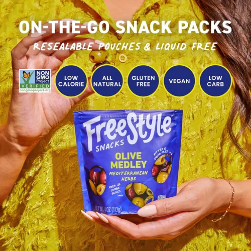 Miniatura 5 de Freestyle Snacks Paquetes de Aperitivos de Oliva - Como se ve en Shark Tank - Olivas verdes y Kalamata frescas sin hueso, tamaño jumbo, cultivadas