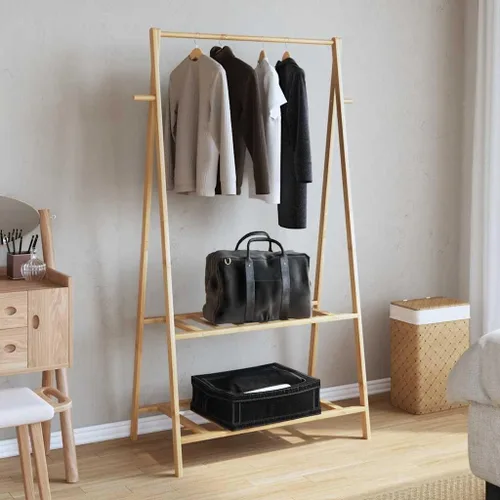 Miniatura 3 de Bamboo Clothing Rack, Varnished Finish, Adjustable Shelves, Foldable Garment Hanger for Bedroom Storage
