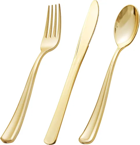 bUCLA 600 cubiertos de plástico dorado – Utensilios dorados desechables – Juego de cubiertos de plástico resistente – 200 tenedores, 200 cucharas,