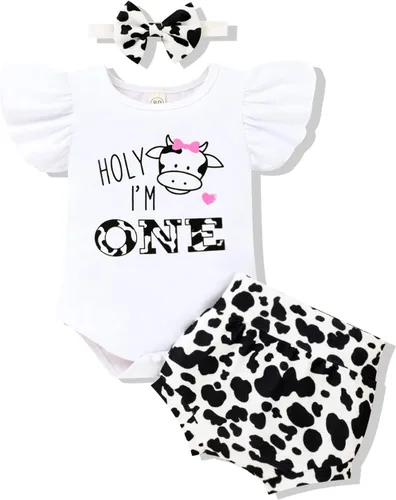 Conjunto de ropa para bebé niña de 1er cumpleaños con mangas con volantes + pantalones cortos estampados + diadema para tartas