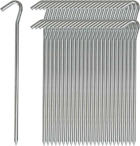 AAGUT Estacas de metal resistente de 9 pulgadas, paquete de 50 estacas de acero galvanizado resistente al óxido, ganchos para valla de jardín,
