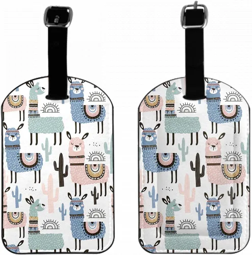 Etiquetas de piel para equipaje de viaje con diseño de llama y cactus, lindos animales, alpaca, plantas del desierto, color rosa y azul, juego de