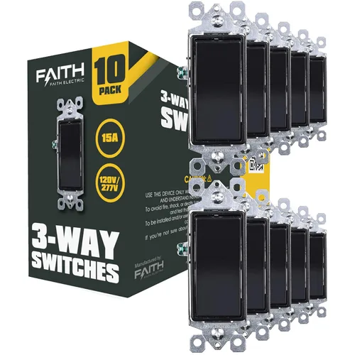 Miniatura 2 de Faith [Paquete de 10] Interruptor de pared de paleta decorativa de 3 vías, 15 A, 120/277 V, balancín de encendido/apagado, negro