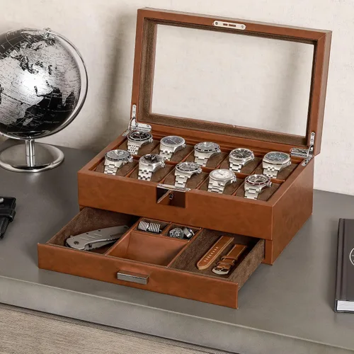 Miniatura 3 de ROTHWELL Caja de reloj de cuero de 10 ranuras con cajón de valet, organizador de exhibición de lujo con forro de microgamuza ultrasuave, soporte