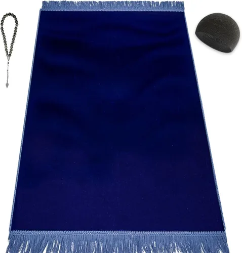 Juego de alfombrillas de oración de terciopelo (piedra preciosa, 33 cuentas de oración, sombrero Kufi negro, estuche elegante), lujosa alfombra de