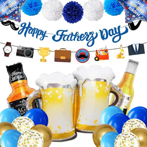 Decoraciones de fiesta del día del padre: globos del día del padre, pancarta, flores de papel, adornos en espiral para telón de fondo de fotos y