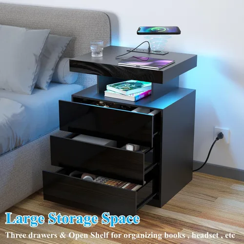 Miniatura 5 de HOMMPA Mesita de noche negra con estación de carga inalámbrica, mesita de noche de alto brillo con 3 cajones, mesa auxiliar con carga USB tipo C