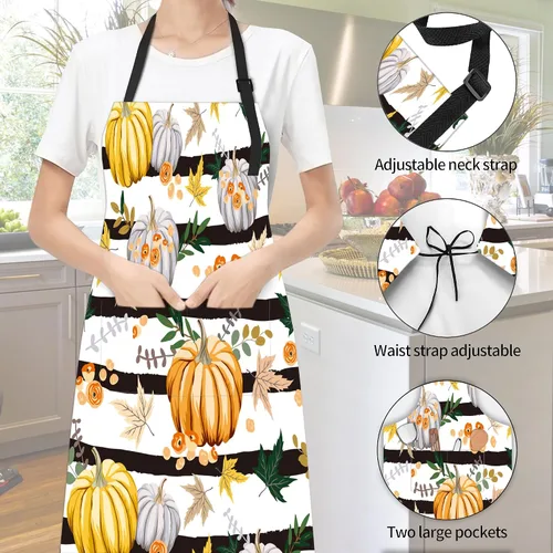 Miniatura 2 de Delantal de rayas de flores de calabaza con hojas de otoño, regalos para mujeres, delantal con cuello ajustable, impermeable, para mujeres