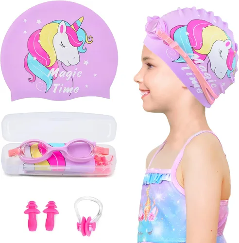 Miniatura 13 de Gorros de natación para niñas (de 2 a 6 años), gorro de natación de silicona impermeable duradero para cabello corto con gafas de natación, tapón