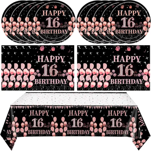 Miniatura 13 de 41 piezas de decoraciones de 90 cumpleaños para mujeres, platos y servilletas de 90 cumpleaños en negro y oro rosa, juego de vajilla de feliz