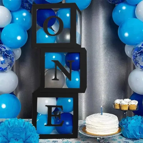 Miniatura 3 de Sooyee Decoraciones de primer cumpleaños para niña o niño, 3 cajas de globos para decoración de primer cumpleaños, bloques de cubo de bebé, Negro
