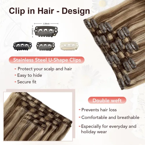 Miniatura 4 de XDhair Extensiones de cabello humano Remy con pinzas, color marrón medio #4, mezclado con rubio caramelo #27, 3.53 oz, 6
