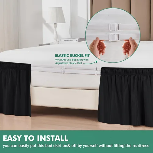 Miniatura 3 de Biscaynebay Faldas de cama envolventes con esquinas divididas para camas Twin/Twin XL de 15 pulgadas de caída, volantes de polvo elásticos Negro