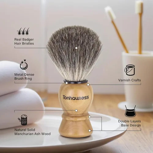 Miniatura 2 de Kit de brochas de afeitar para hombres, 4 en 1, incluye cepillo de afeitar de pelo de tejón, cuenco de madera, soporte de afeitado de acero 4 en 1