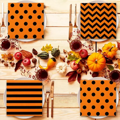 Miniatura 7 de Whaline Servilletas de papel de Halloween de 6.5 pulgadas de color naranja y negro a rayas onduladas con lunares, servilletas geométricas