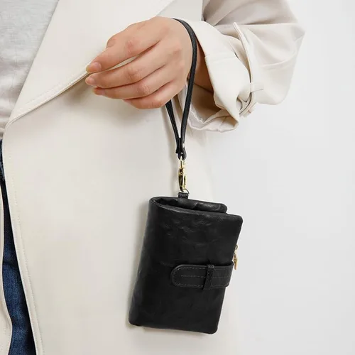 Miniatura 5 de Carteras pequeñas de cuero Rfid para mujer, billeteras dobladas medianas para mujer, cartera compacta y triple plegable con correa para la muñeca