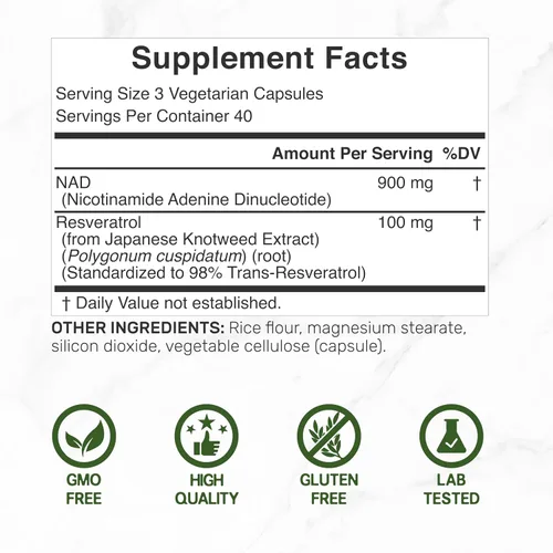 Miniatura 2 de Suplemento de resveratrol NAD+ de 1,000 mg por porción, 120 cápsulas vegetarianas Alternativa de suplemento NMN extra fuerte 2 en 1 Suplementos
