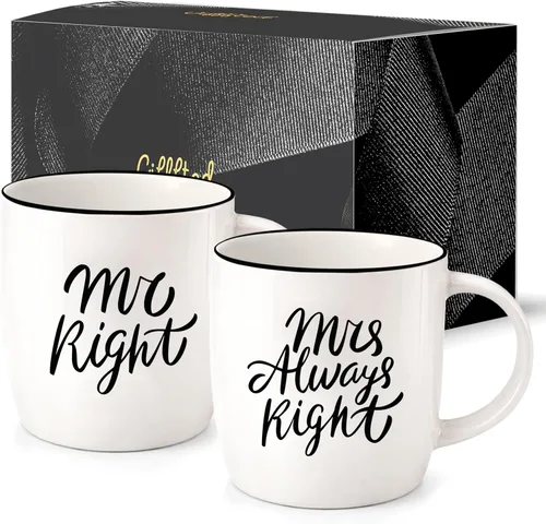 Triple Gifffted Mr Right Mrs Always Right - Tazas de café, ideas de regalos para parejas, aniversario de boda, compromiso, Navidad, para él y para