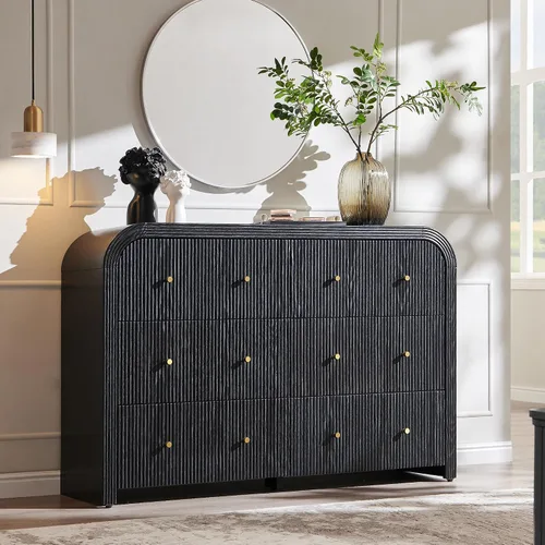 Miniatura 13 de T4TREAM Cómoda acanalada con 3 cajones, cómoda moderna de 32 pulgadas de alto con diseño de perfil curvado grueso, organizador de almacenamiento