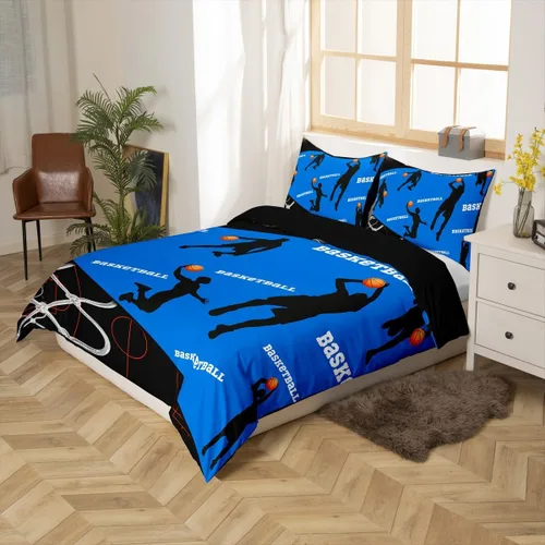 Miniatura 2 de Erosebridal Juego de funda de edredón deportiva tamaño individual, temática de baloncesto, azul y negro, 2 piezas