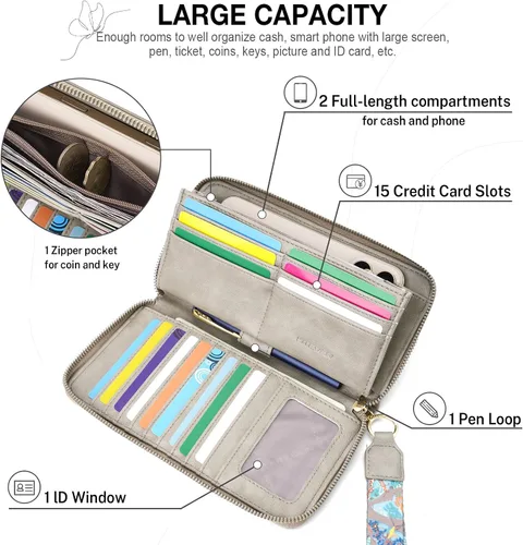 Miniatura 4 de Cartera RFID para mujer, cartera de gran capacidad con mariposa, cartera de teléfono celular, carteras de mano para mujer, carteras de pulsera