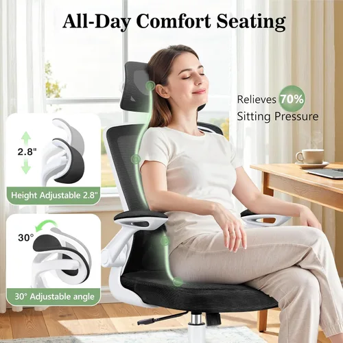 Miniatura 7 de BESTFAIR Silla de oficina ergonómica, sillas de oficina de malla transpirable con soporte lumbar ajustable, brazos abatibles, silla de escritorio
