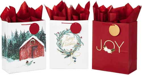 Hallmark Surtido de bolsas de regalo de Navidad grandes de 13 pulgadas con papel de seda (3 bolsas: corona "Merry Christmas", Gold Joy, Snowy Red