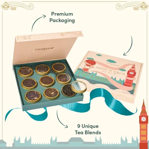 Miniatura 4 de VAHDAM - Juego de regalo de té de fin de semana en Londres, caja de regalo de edición de viaje, 9 variedades de Chai y té negro, sin gluten, sin OMG
