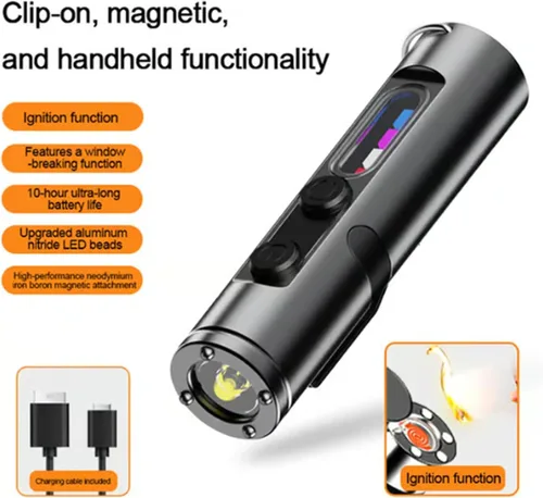 Miniatura 2 de Linterna EDC Recargable de Bolsillo: Luz de Llavero Mini de 500 Lúmenes con Encendedor de Fuego y Rompeventanas, 3 Luces Laterales