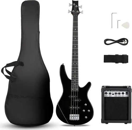 Ktaxon Guitarra Bajo Eléctrica de 4 Cuerdas con Amplificador de 20 W, Pastilla Tipo PJ, Mástil de Arce Secado Naturalmente al Aire, Diapasón de