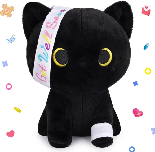 Regalos para mujeres y niños, peluche de gato negro de 8 pulgadas, animales de peluche con texto en inglés "Get Well Soon", peluches de gato kawaii