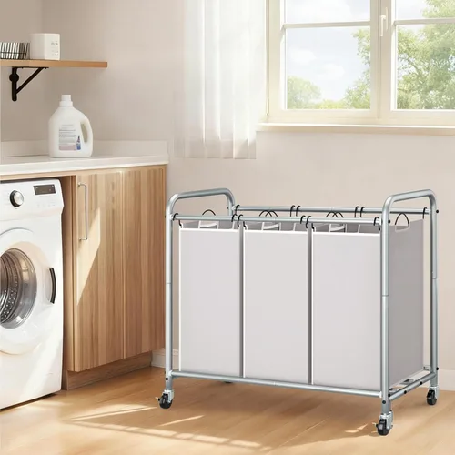 Miniatura 6 de STORAGE MANIAC Clasificador de ropa sucia de 3 secciones, carrito de lavandería de 35.6 galones (135 L) con ruedas resistentes con cerradura y Gris