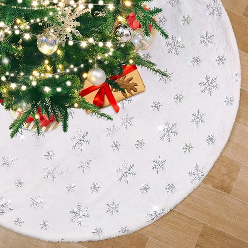 Miniatura 9 de Falda de árbol pequeña de 24 pulgadas, falda de árbol de piel sintética blanca de Navidad de 4 pies, mini copos de nieve de lentejuelas doradas