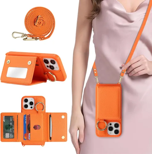 Miniatura 30 de Funda para iPhone 14 Plus con tarjetero y correa para mujer, cordón cruzado, espejo de maquillaje, soporte de anillo, cierre a presión, bonitas Rosa