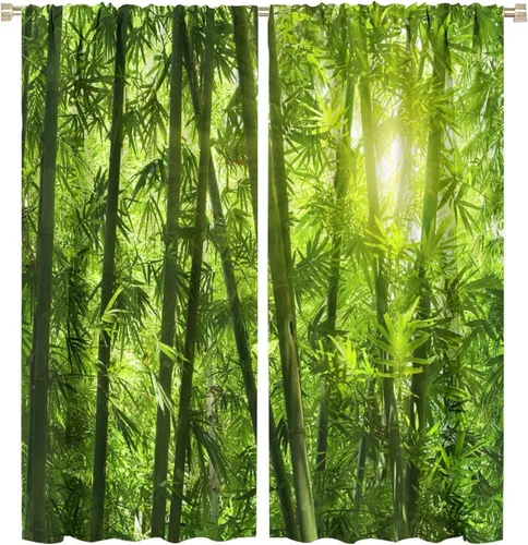 Miniatura 46 de Cortinas con estampado de bambú, tallos y hojas de bambú, temática oriental natural, oscurecimiento de habitación, ventana, ventana, cortina