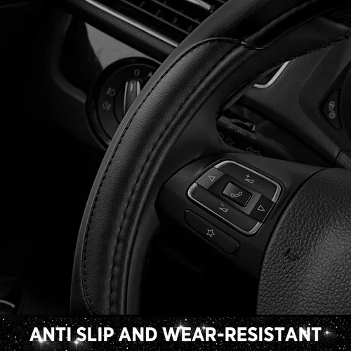 Miniatura 6 de Road Comforts Funda de cuero para volante, fabricada con piel de PVC, antideslizante, ajuste universal de 14 1/2 a 15 pulgadas, color negro