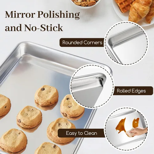 Miniatura 7 de BIEAMA Juego de 4 bandejas de aluminio para hornear, 2 bandejas de media hoja y 2 cuartos de tamaño, hojas comerciales de galletas resistentes