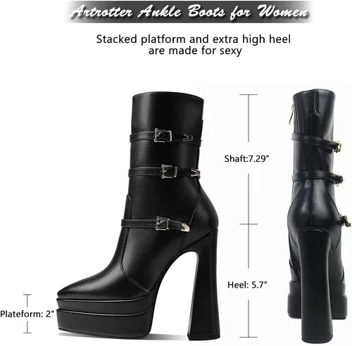 Miniatura 4 de Artrotter Botas de plataforma puntiaguda para mujer, botas de combate de tacón alto con cremallera de tamaño, botines de plataforma doble apilada