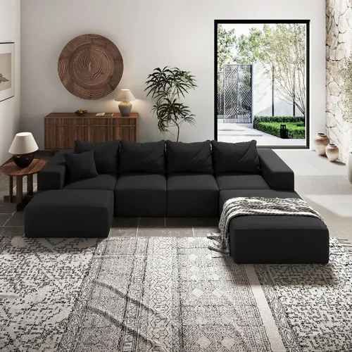 Miniatura 5 de Sofá interior minimalista, sofá de nube tapizado de combinación gratuita, sofá modular de chenilla con almohadas, cómodo para sala de estar, Negro