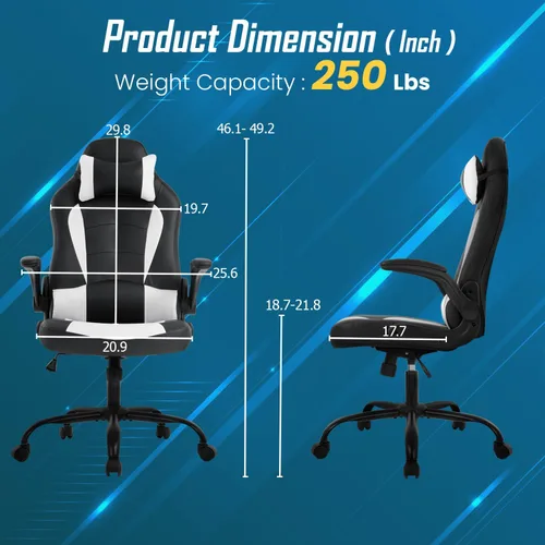 Miniatura 3 de Ruesleag Silla ergonómica para juegos de PC, silla de oficina con soporte lumbar, reposabrazos abatibles, reposacabezas de piel sintética, silla