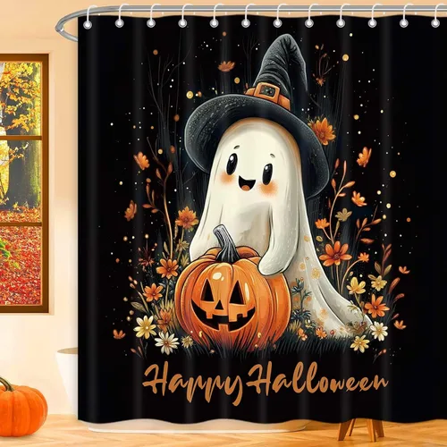 Miniatura 2 de Cortinas de ducha de Halloween para baño, bonito juego de cortinas de baño de calabaza fantasma, cortina de ducha floral de otoño y otoño, tela