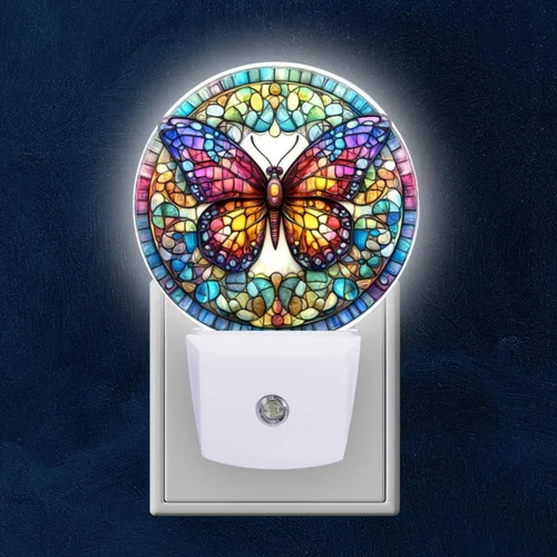 Miniatura 8 de Lámpara de Luz Nocturna LED Redonda con Sensor de Anochecer a Amanecer, Vidrio Emplomado Circular 3D con Luz Nocturna de Abejorro que se Enchufa a