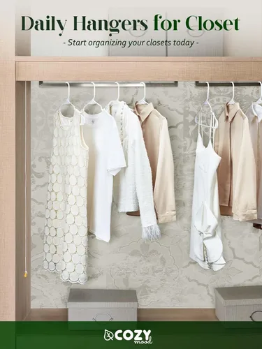 Miniatura 9 de Cozymood Perchas de plástico con muescas, paquete de 50 perchas tubulares para ropa que ahorran espacio, color blanco, delgadas, antideslizantes